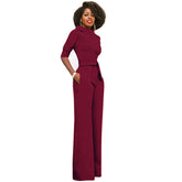 Einfarbiger Jumpsuit mit Polokragen und Fünfviertelärmeln für den Herbst mit hoher Taille und weitem Bein